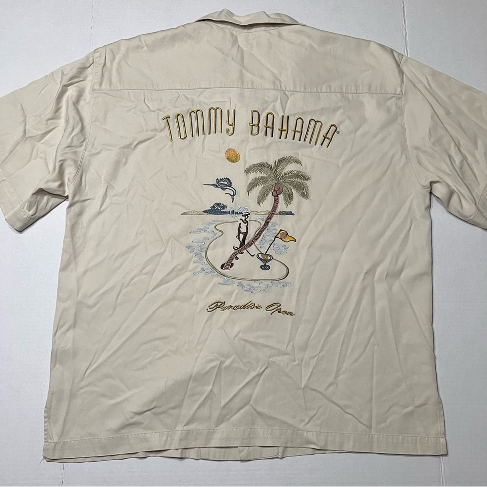 Tommy Bahama Shirt Mens Large Beige Silk Embroidered Paradise Open Golf Camp